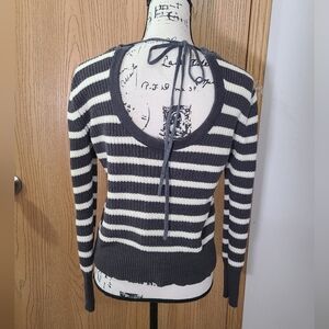 Project Naadam Striped Grommet Ring Neckline Open Back Knit Sweater